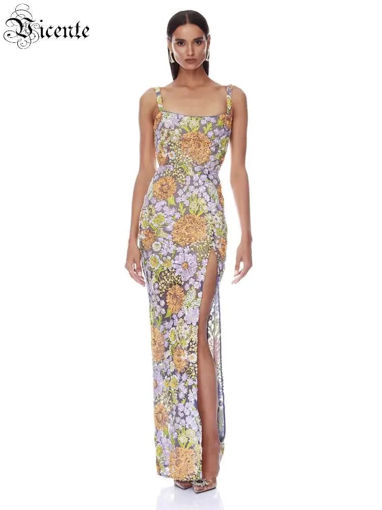 VC 2026 Luxury Summer Floral Sequin Mesh Maxi Dress For Women Spaghetti Strap High Slit Bodycon Evening Gown for Wedding Guest