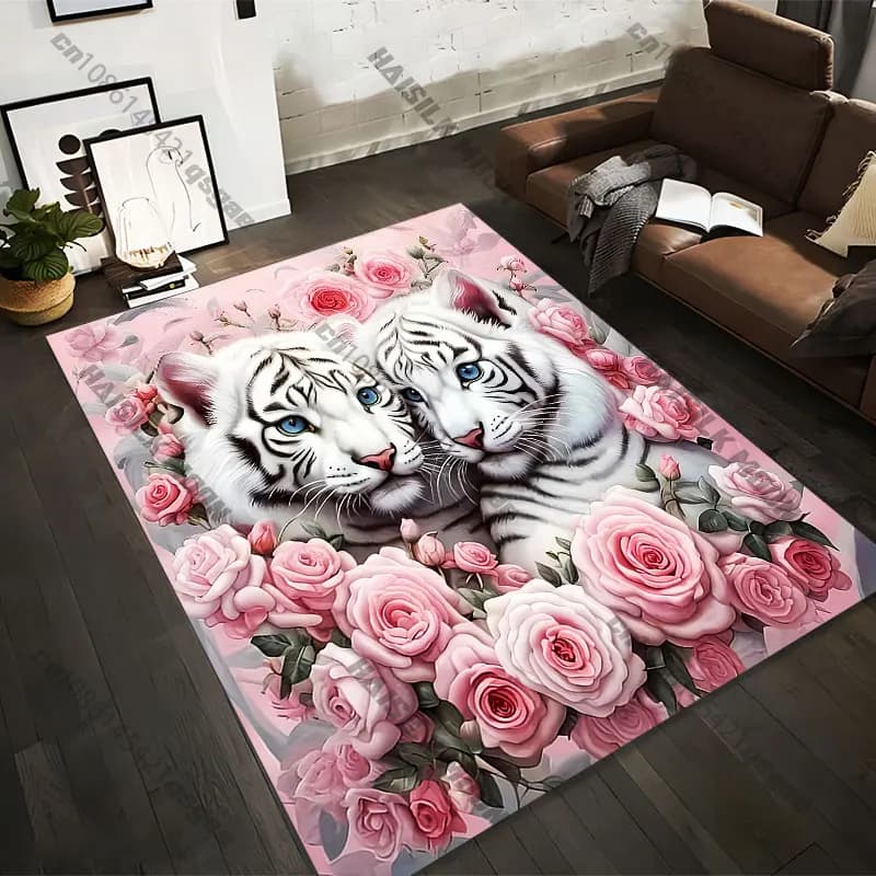 Carpets printed with tigers in 21 different sizes, surrounded by pink roses, for yoga mats for adults, decorations for the living room, customized zerbini