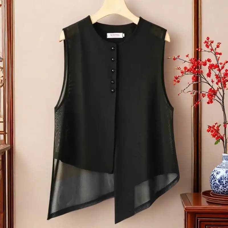 Nuovo gilet in stile cinese, moda irregolare da donna, design sottile in rete, protezione solare, top senza maniche per la stampa estiva Premium