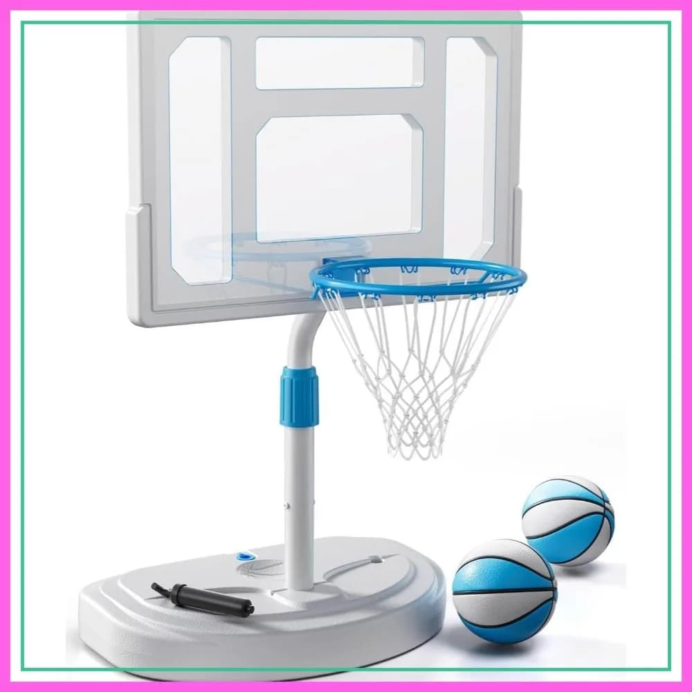 Canestro da basket regolabile per piscina, canestro in acciaio inossidabile da bordo piscina con tabellone infrangibile da 32 pollici, set portatile con 2 palloni e pompa