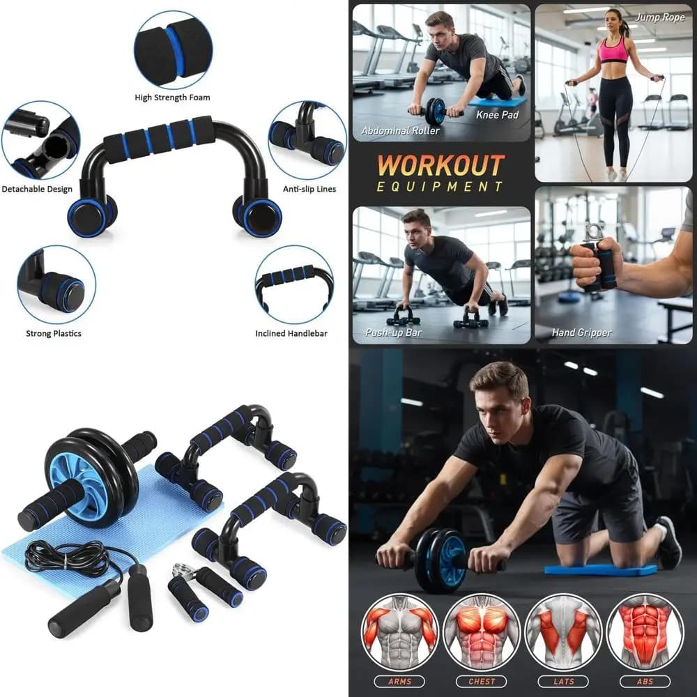 Essential Tools for Home Gym: Abdominal Roller, Spinning Bar, Knee Mat, Jumping Wheel and Handle for Core and Abdominal Exercises