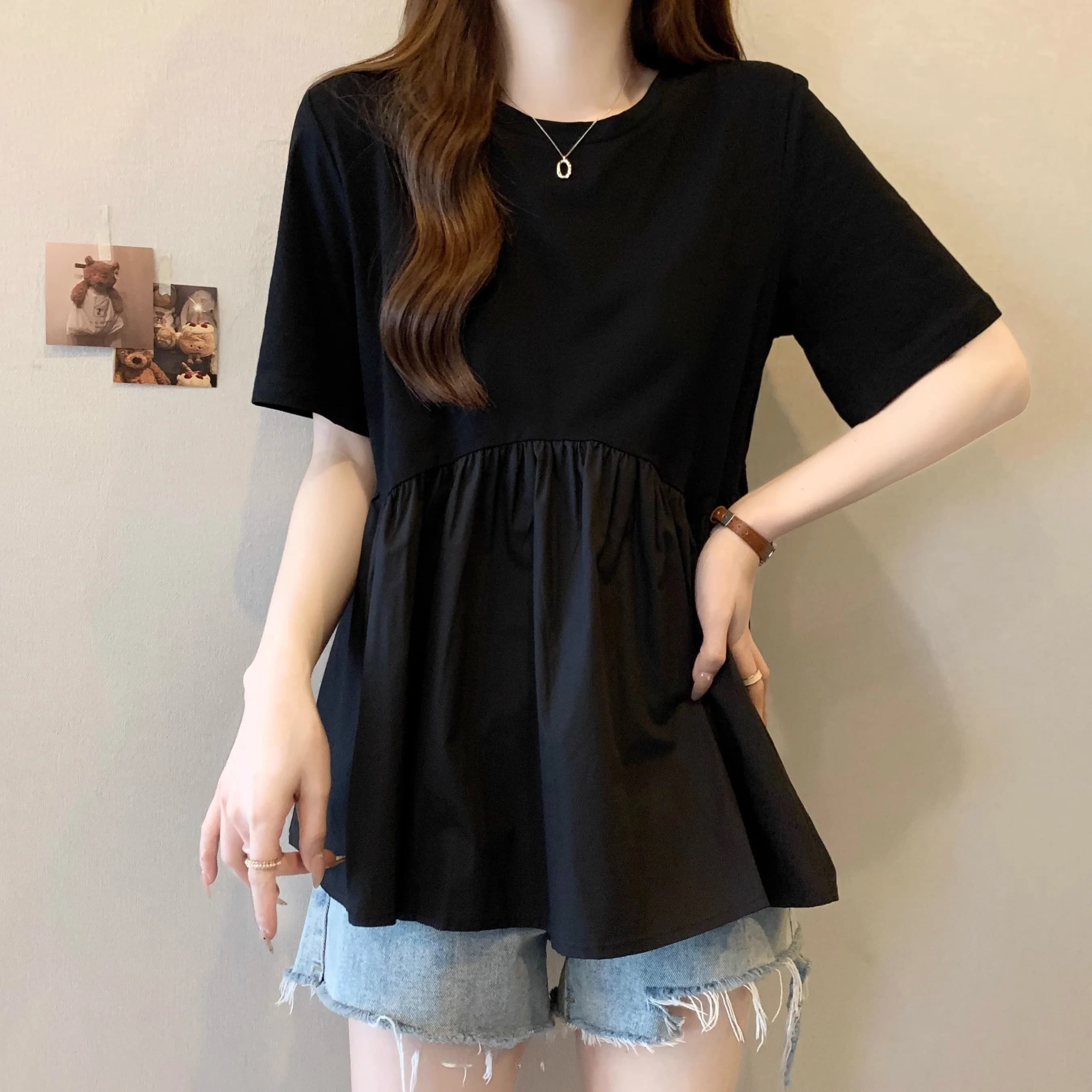 Black Maternity T-Shirt Short Sleeve Baby Doll Top Summer New Style Loose Belly Covering Fashionable Age-Defying Women's Top