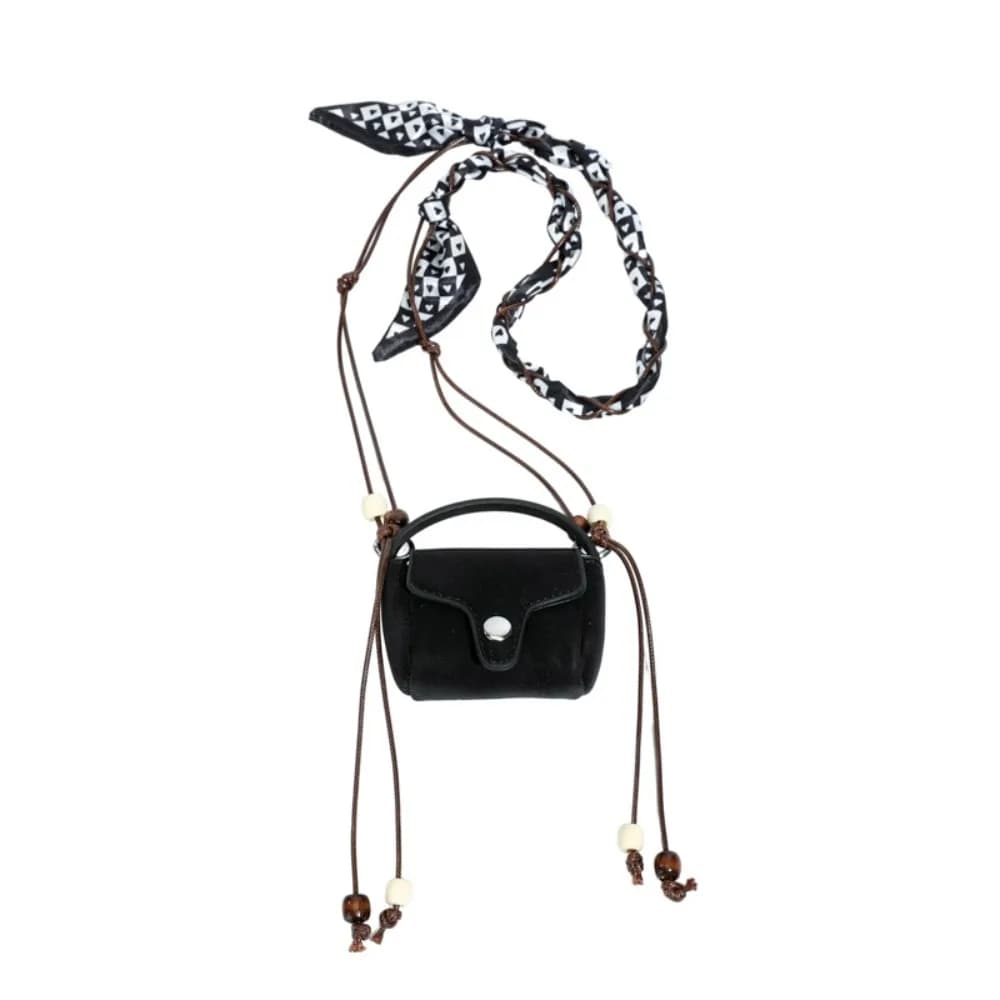 Retro Silk Scarf Suede Crossbody Bag Matte Pu Leather Hanging Neck Bag Beads Small Purse Square Mini Bag Women