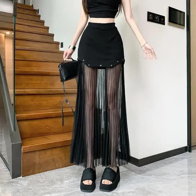 Gonna che abbraccia i fianchi impiombata in rete per donna, nera estiva, semitrasparente, sexy ed elegante, stile coreano