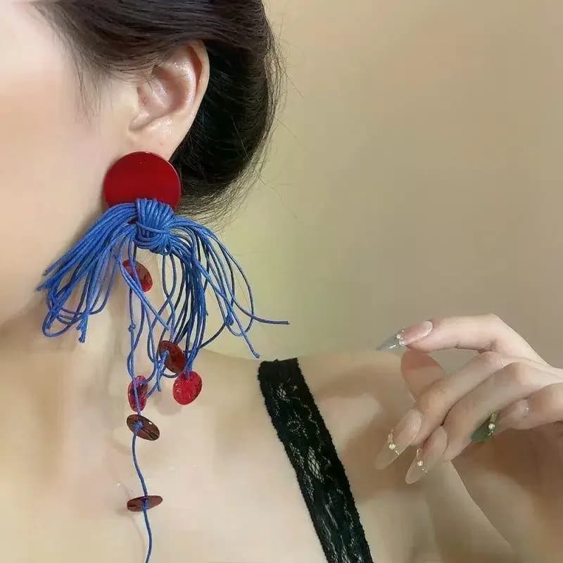 Exaggerated Red Blue Color Block Long Earrings Vacation Style High End Retro Bridal Ear Accessories Women Personality Jewelry