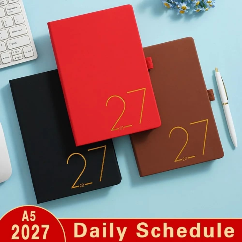 English 2027 Schedule Planner Notepad Wear-resistant Efficiency A5 Agenda Planning Notebook 12 Months Leather Cover