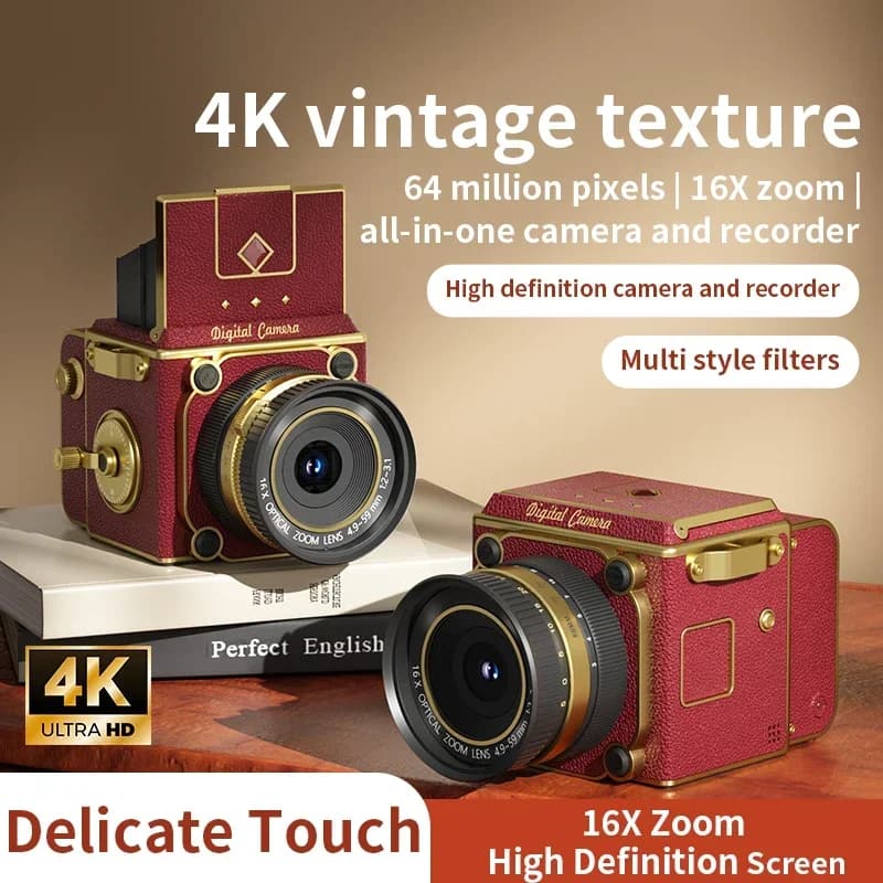 Fotocamera Digitale Retrò 4K 64MP con Pixel Ultra Nitidi, Zoom 16X, Schermo HD 20 Pollici, Fotocamera CCD Portatile Vintage per Principianti e Studenti