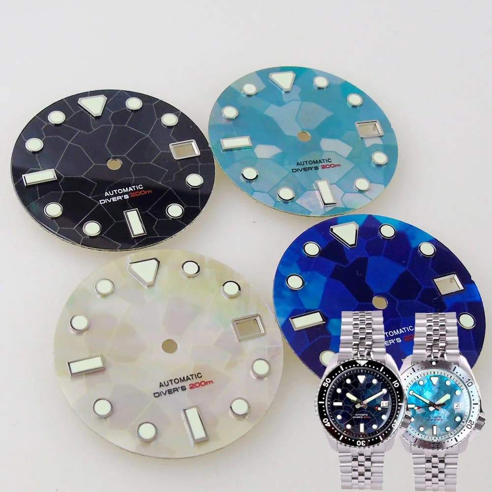 29mm MOP Watch Dial for SEIK NH35 NH36A/4R35/NR36 Movt Green Luminous Date Window Watch Accessories