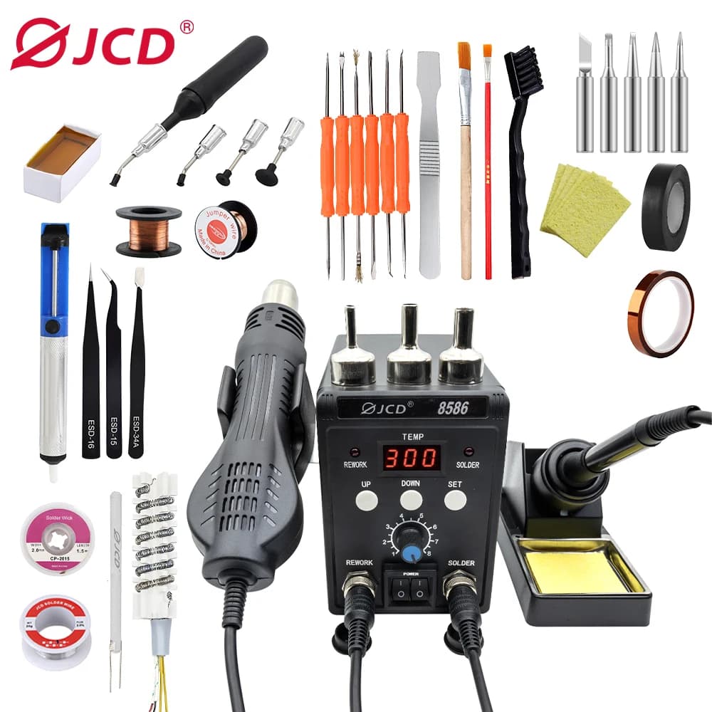 JCD 2 in 1 Soldering Station 8586 Digital Display SMD Rework Hot Air Gun Solder Iron 220V ESD Welding Desoldering Repair Tools
