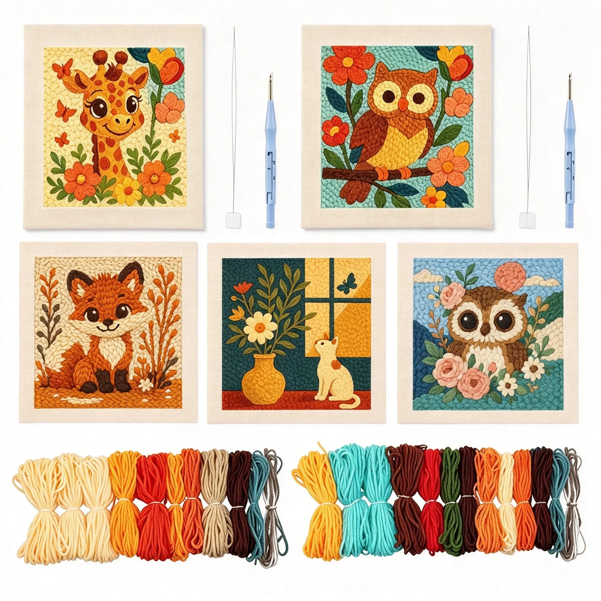 DIY Punch Needle Kits Cute Cat Flowers Easy Punch Needle Embroidery Set for Beginners with Hoop Stamped Pattern for Craft Home