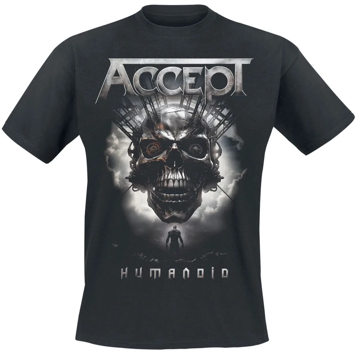 T-shirt in cotone nero con stampa cranio meccanico umanoide da uomo, Heavy Metal, unisex