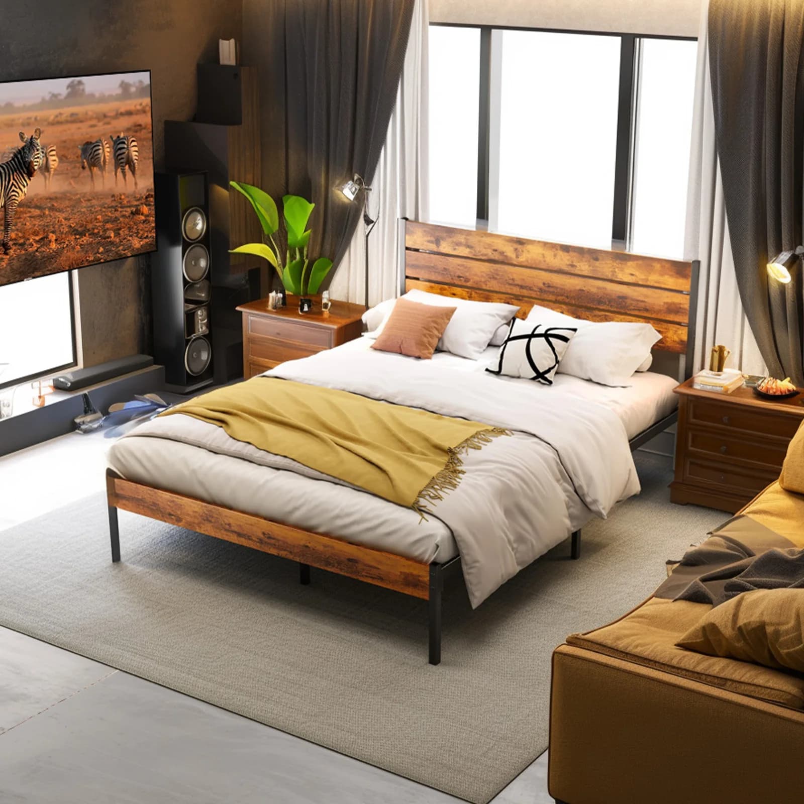 JHK Queen Size Struttura letto con piattaforma in metallo con testiera e pediera con robusto supporto a doghe in legno da 800 libbre per la camera da letto di casa