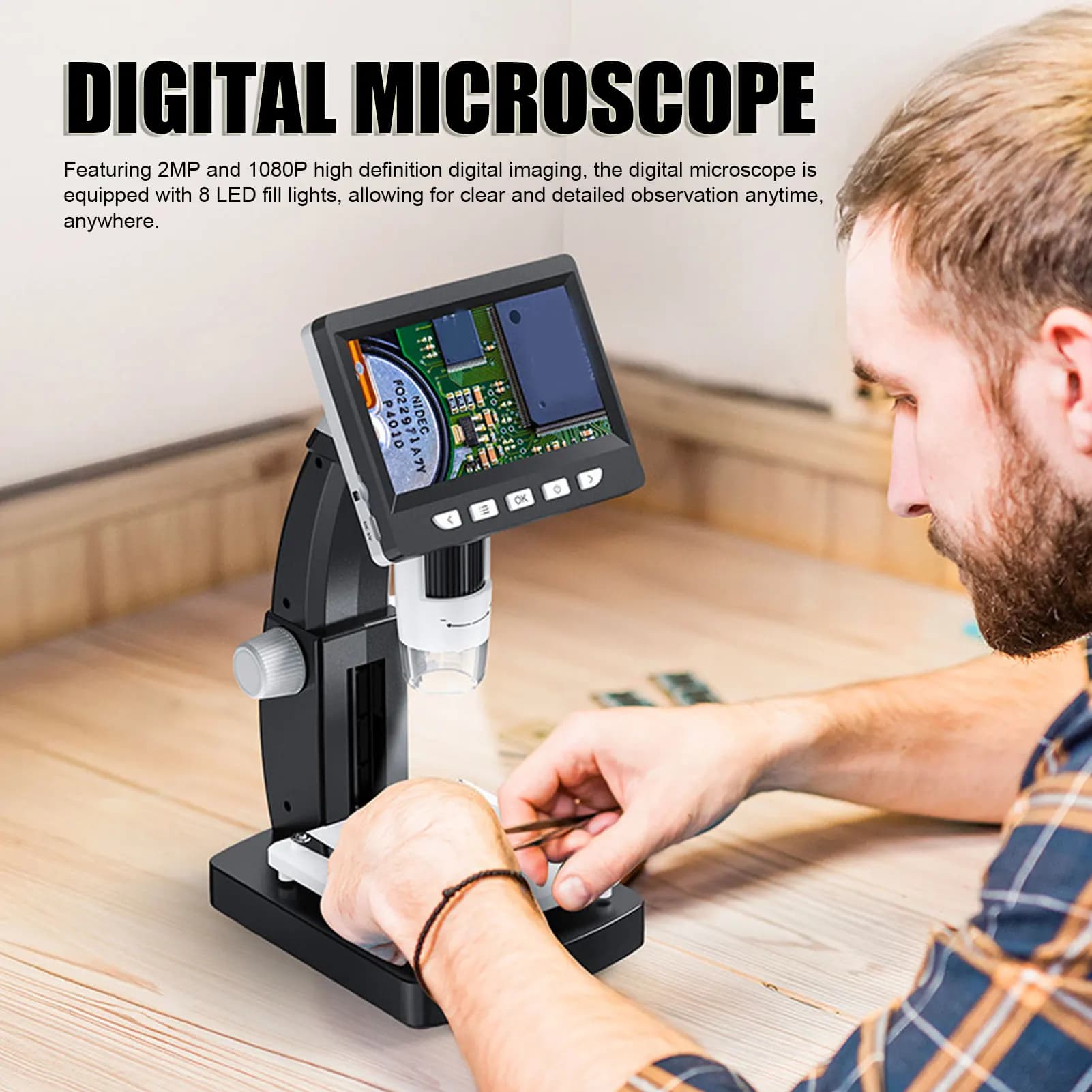 Registrazione video del microscopio da tavolo Fotocamera per microscopio digitale HD da 2 MP da 50 a 1000X 1080P con schermo da 4,3 pollici per la riparazione dell'orologio