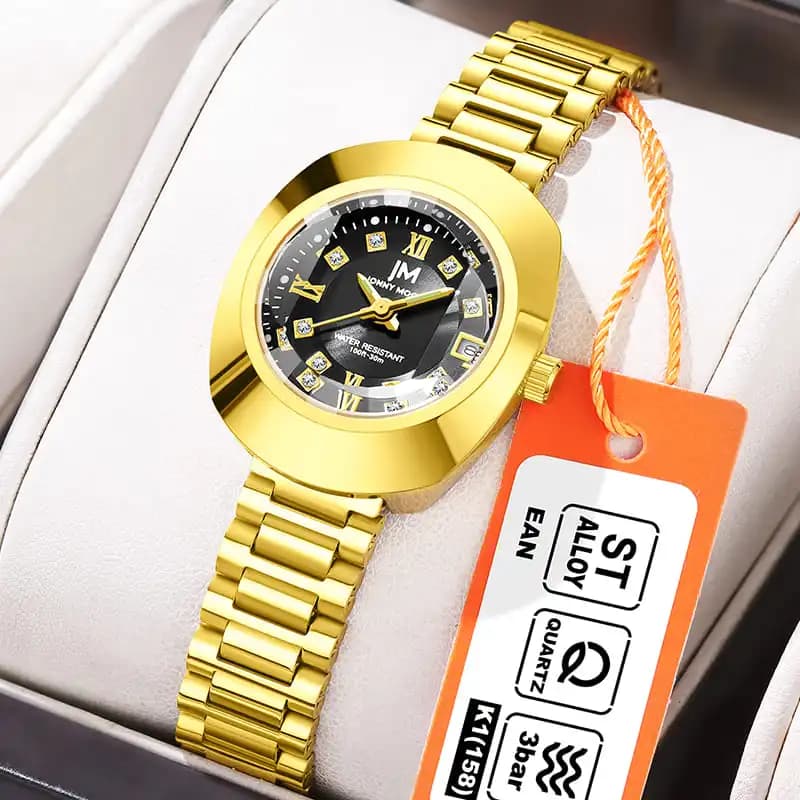 Confezione regalo Orologi da donna JONNY MOORE 8561 Orologio al quarzo in oro di lusso Quadrante con diamanti Calendario Orologi da donna impermeabili Reloj Mujer