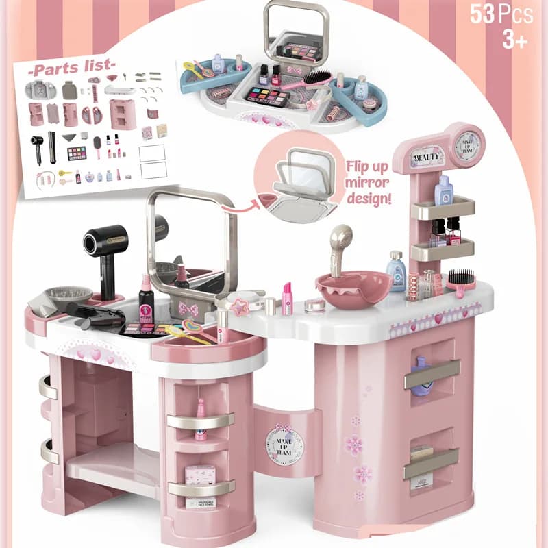 Toy Make-up Table for Girls with Accessories, Hairstyle Set with Hair Dryer and Table