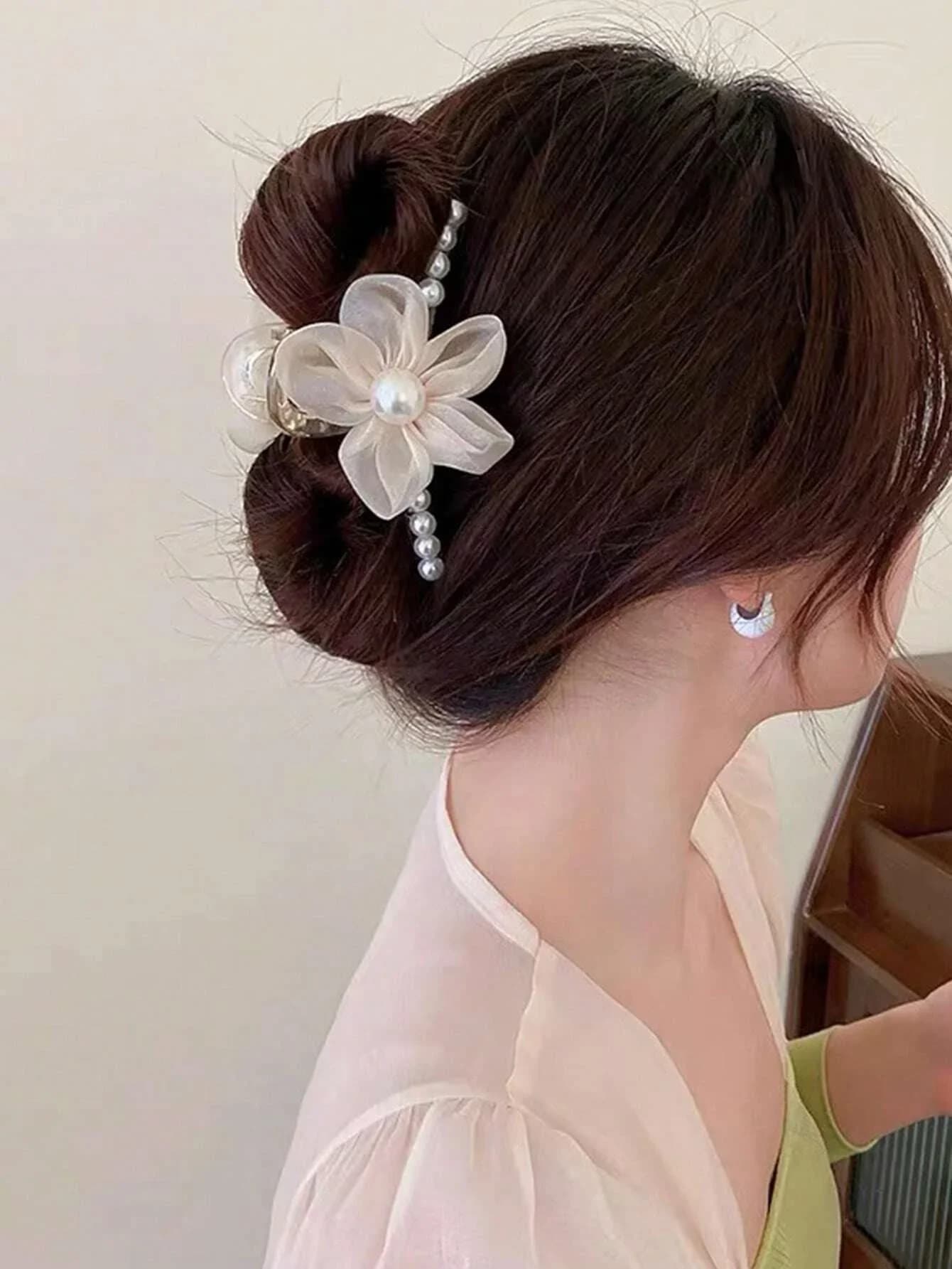 Elegante fermaglio per capelli a forma di fiore con perle finte per donna, accessorio per capelli