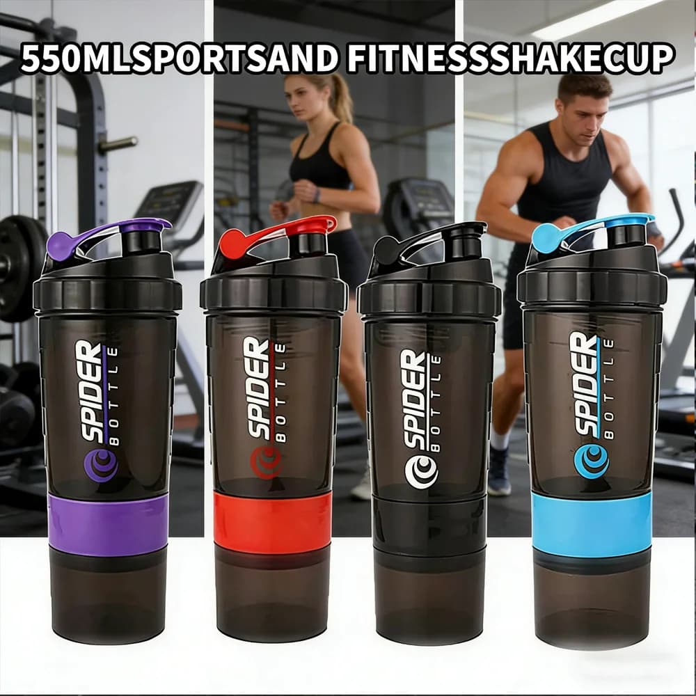 Shaker per Proteine a 3 Strati da 550ml con Manico, Bottiglia Sportiva Portatile con Miscelatore a Molla per Fitness e Allenamento