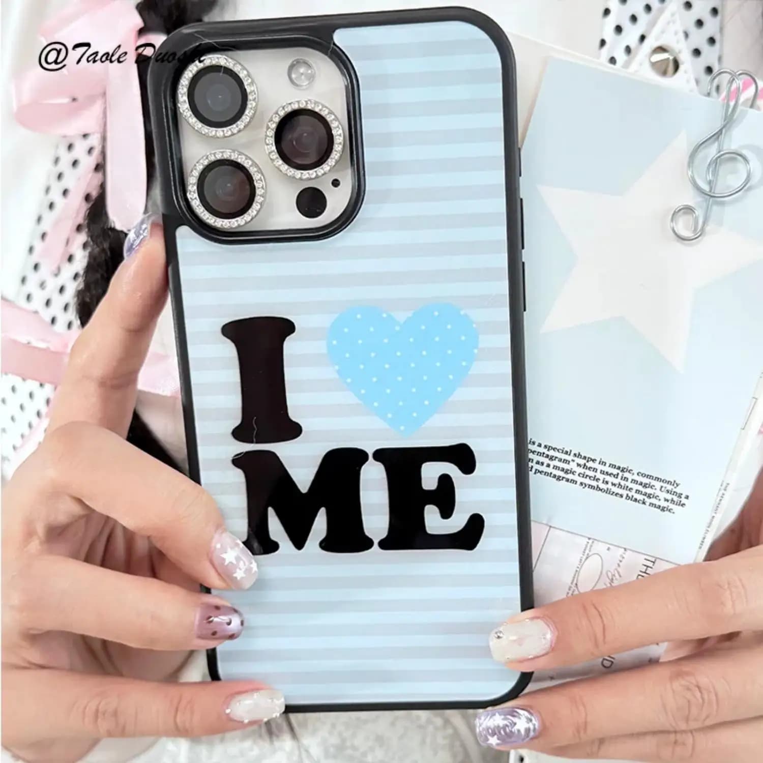 Cover per iPhone 17 Air 16 15 14 13 12 11 Pro Max Plus Y2K anti-caduta con strisce rosa e nere, stile coreano I Love Me, con colla a goccia, stile Ins