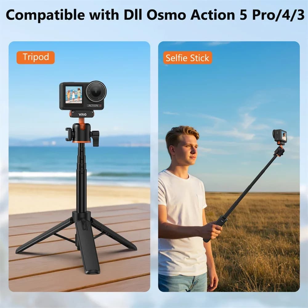 VRIG Selfie Stick Stand Magnetic Tripod for DJI Osmo Action 5 4 3 Adjustable Action Camera Accessories w 360 BallHead &ColdShoe