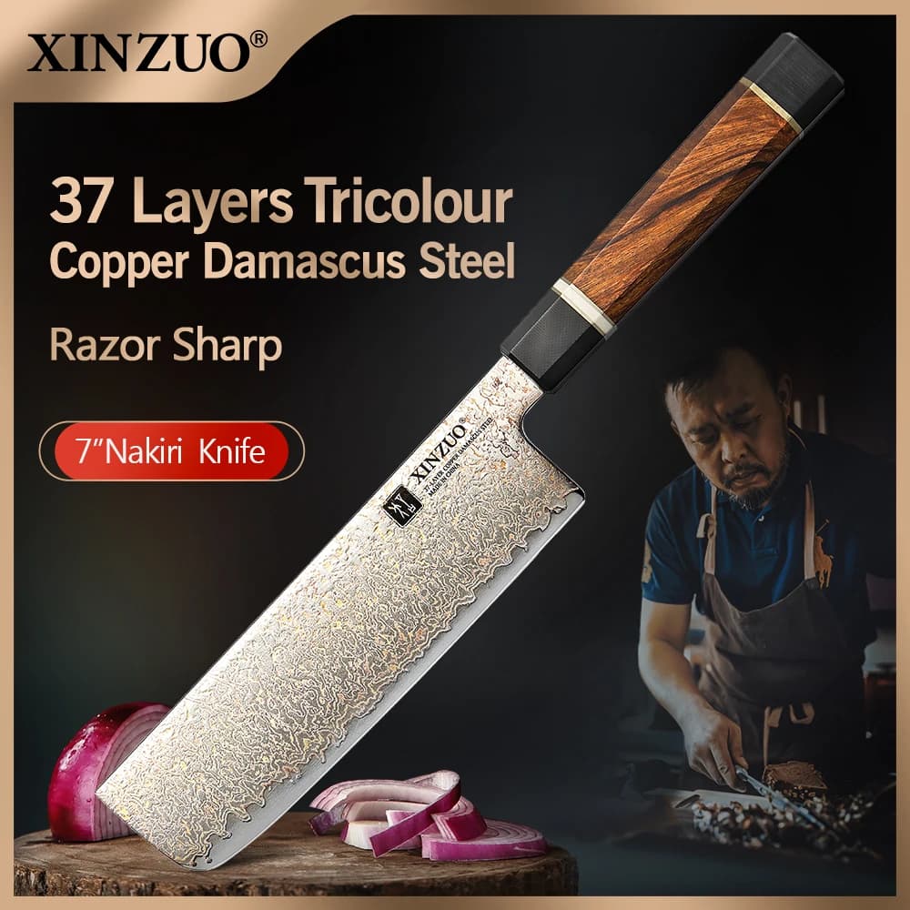 XINZUO Nuovo Stile 7 ''Pollici Nakiri Coltello 37 Strati Reale Tricolore Rame Acciaio di Damasco Cucina Macellaio Mannaia Coltello per Pesce