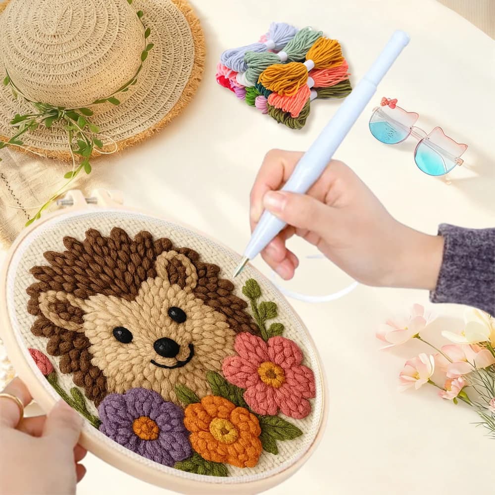 Hedgehog pattern Punch Needle Embroidery Frame Kits Diy Idea Animal Starter Needle Point Kit Picture Easy Crafts For Adults
