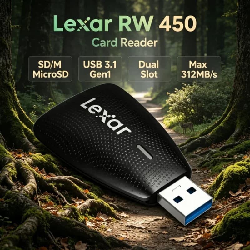 Lexar RW450 High Speed Memory Card Reader 312MB/s USB 3.1 Gen 1 UHS-II SDXC MicroSDXC Adapter 2-in-1 for Desktop Laptop Computer