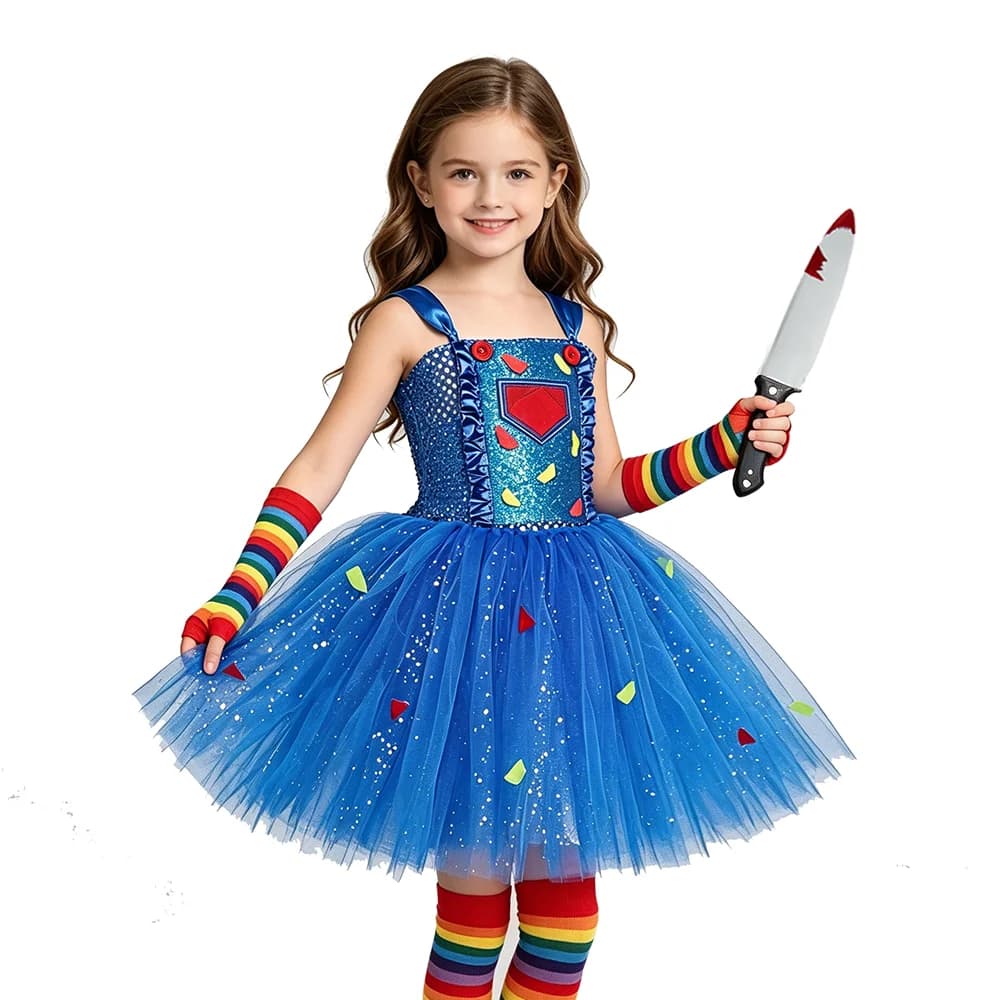 Glittery Blue Scary Chucky Costumes for Girls Halloween Horror Tutu Dress Kids Good Guys Fancy Party Outfit with Rainbow Socks