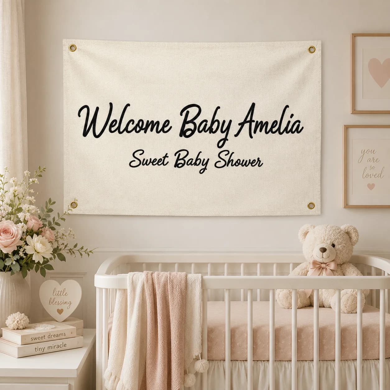 Personalized Baby Shower Sign In Cloth Custom Embroidered Polyester Cotton Canvas Banner with Gold Grommets Party Keepsake Decor