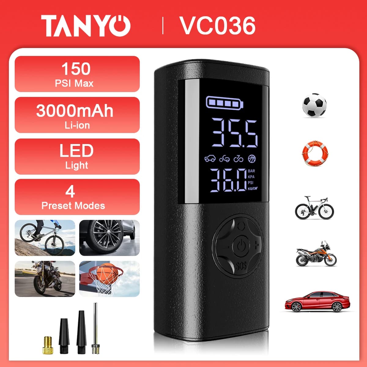 Pompa d'aria per pneumatici per moto per auto elettriche con compressore d'aria portatile originale con manometro digitale, luce a LED e power bank