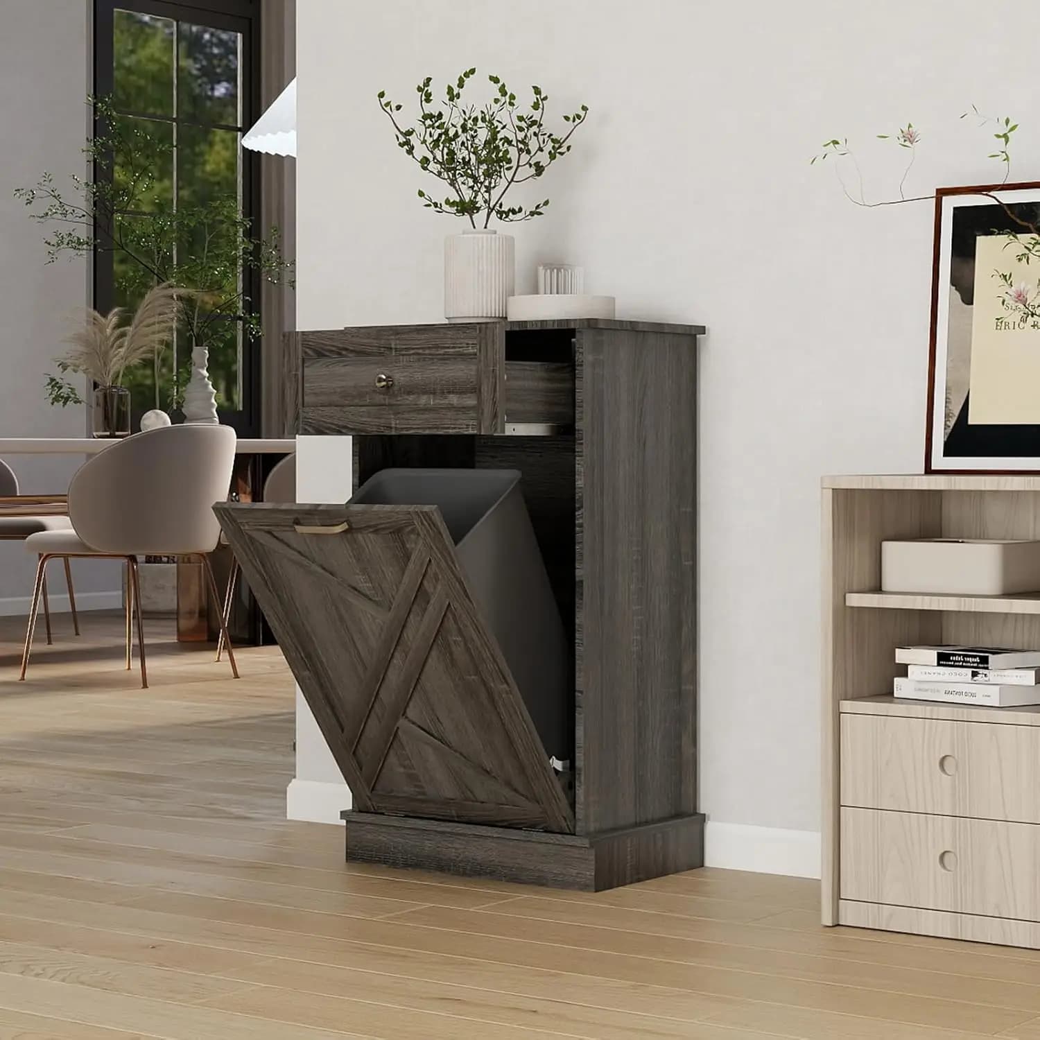 Mobiletto Portarifiuti Inclinabile - Contenitore per Rifiuti da Cucina Autoportante - Mobiletto per Riciclaggio in Legno con Cassetto - Grigio Rovere