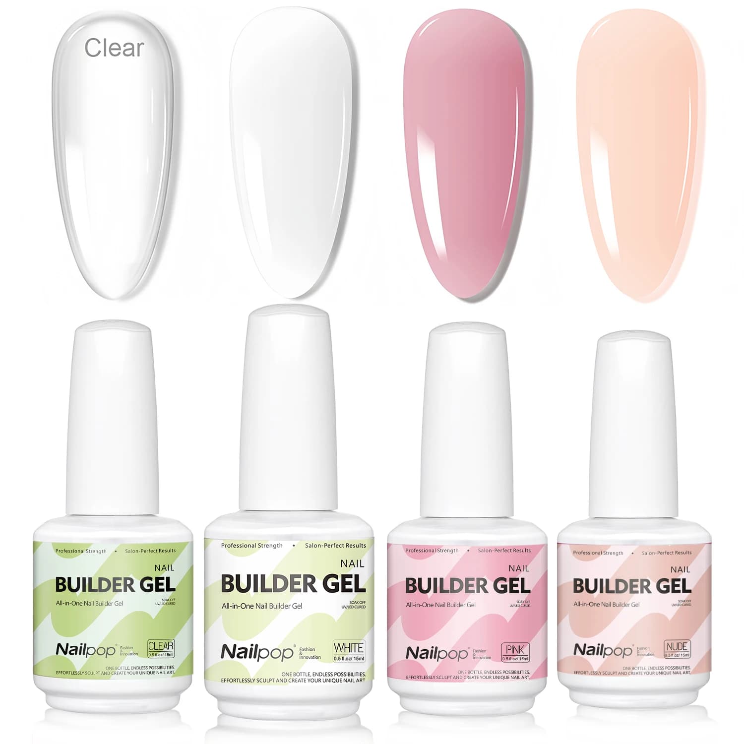 Nailpop 7 in 1 Builder Gel Multicolor Trasparente Bianco Rosa Nudo 15ml Nail Apex e Estensione Rinforzante Gel UV per Salone Domestico Fai da Te