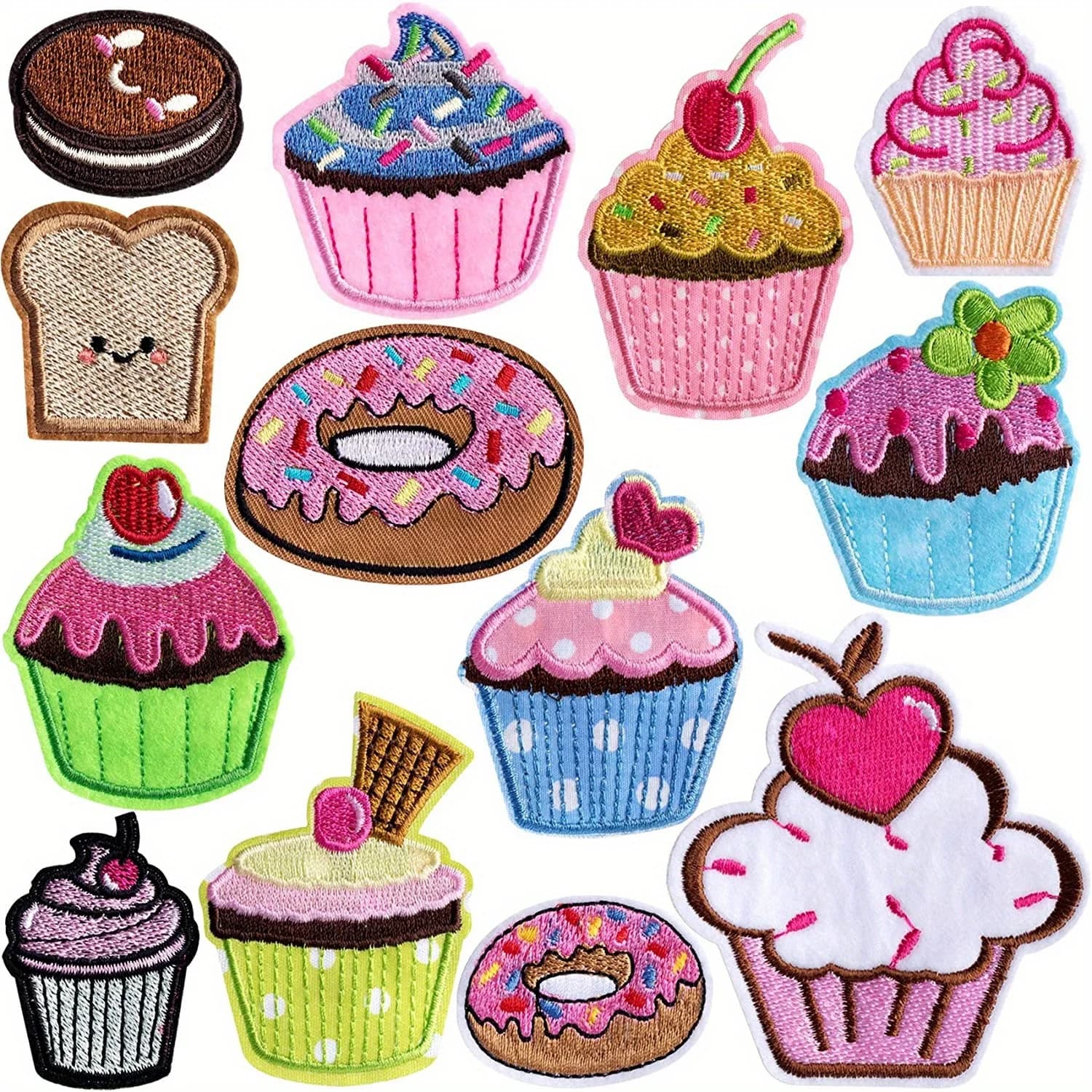 Set di cupcake con toppe ricamate termoadesive da 13 pezzi - Disegni assortiti di dolci dessert Decorazione fai da te in tessuto per abbigliamento - Artigianato da cucito