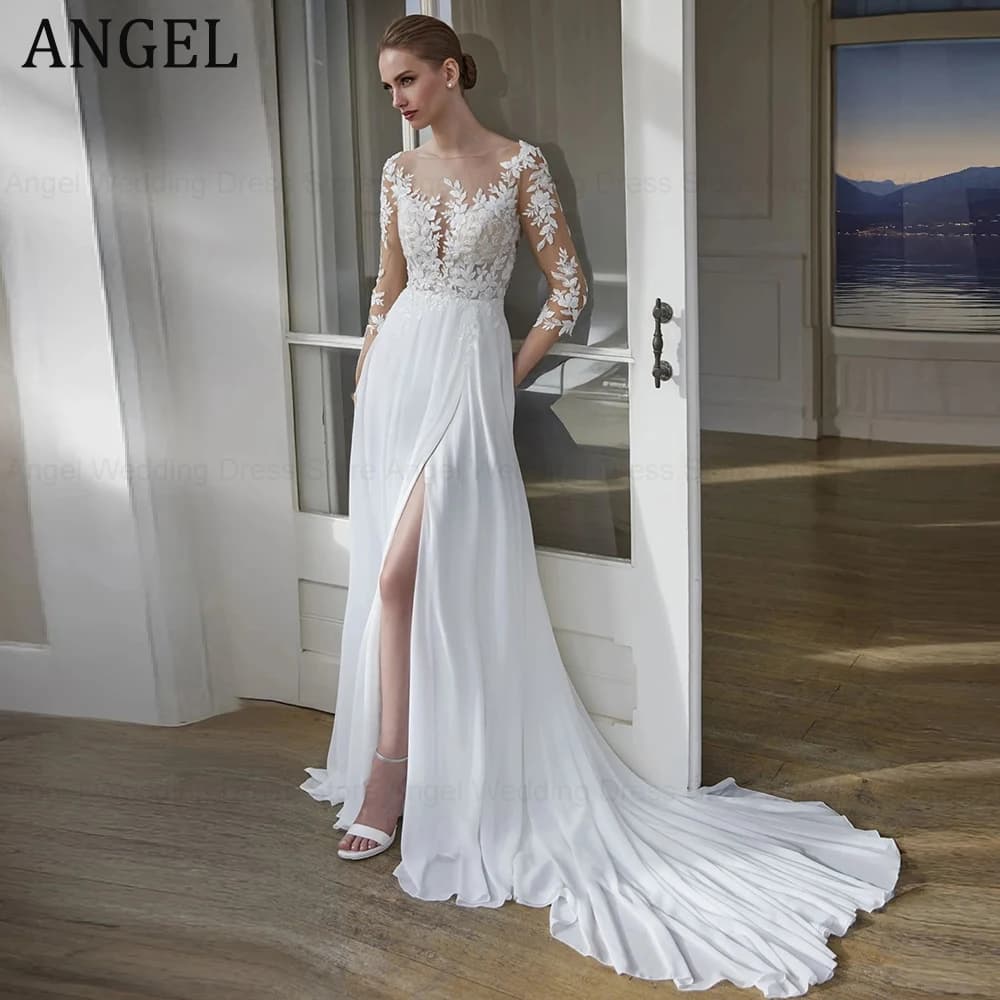ANGEL Classic Wedding Dresses Customized 2025 A-Line Scoop Lace Leaf Appliques Long Bridal Gowns Floor-Lenth Vestidos de Novia