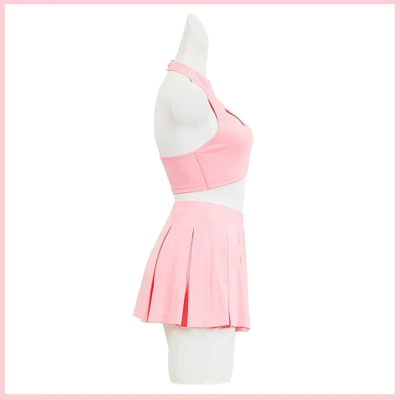 5;e,8\v,5/Anime DEATH NOTE MisaMisa Cosplay Costume Pink Sleeveless Skirt Cheerleaders Uniform Wig Woman Sexy Party f,5'h\8/m'