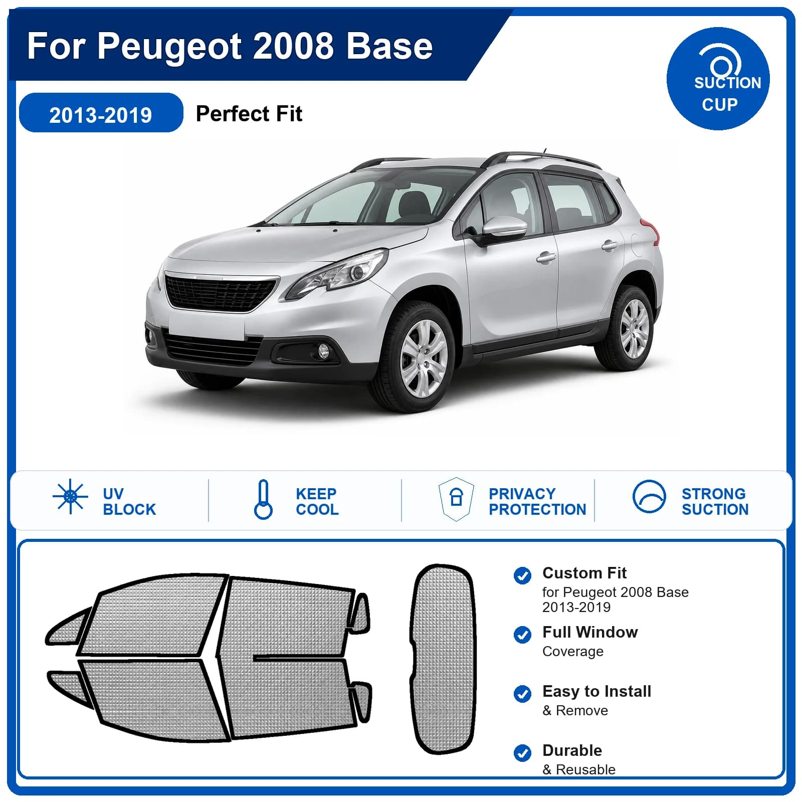 For Peugeot 2008 Base 2013-2019 Custom Full Set Windshield Sun Shade Aluminum Foil Heat Insulation Anti UV Foldable