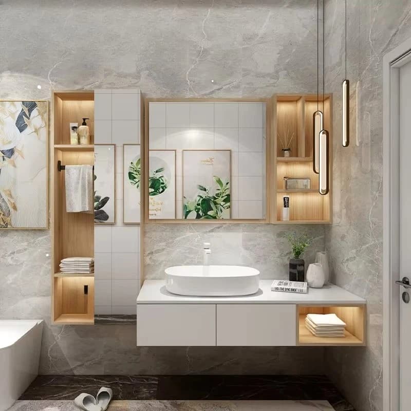 Set Mobile Bagno Sospeso con Lavabo e Specchio in Legno Massello - Fornitura Diretta dalla Fabbrica