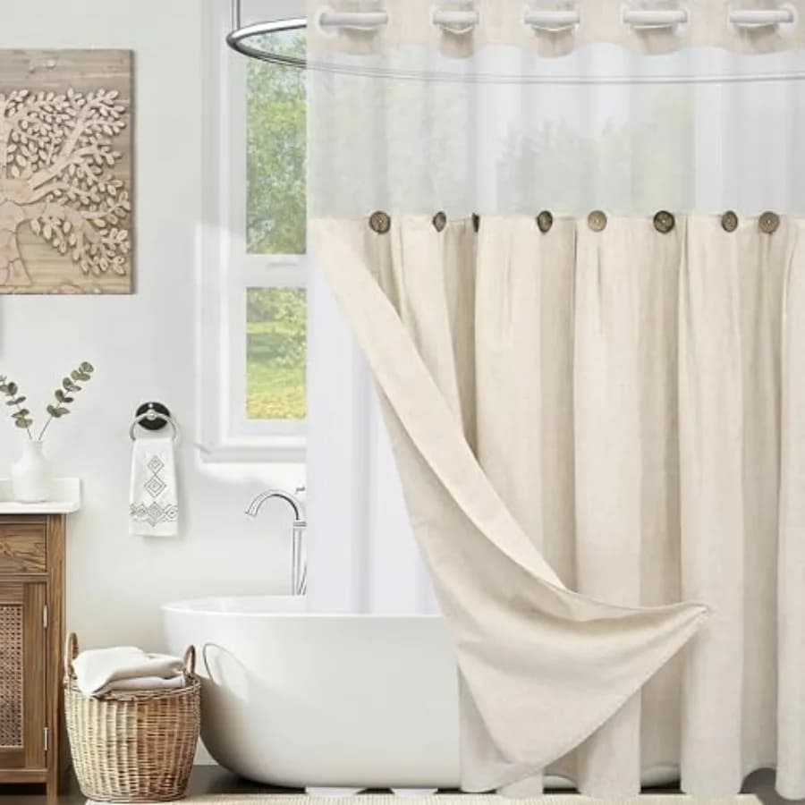 Set Tenda Doccia Stile Rustico Senza Ganci con Rivestimento Interno a Scatto in Tessuto Lino Lavabile Impermeabile per Bagno