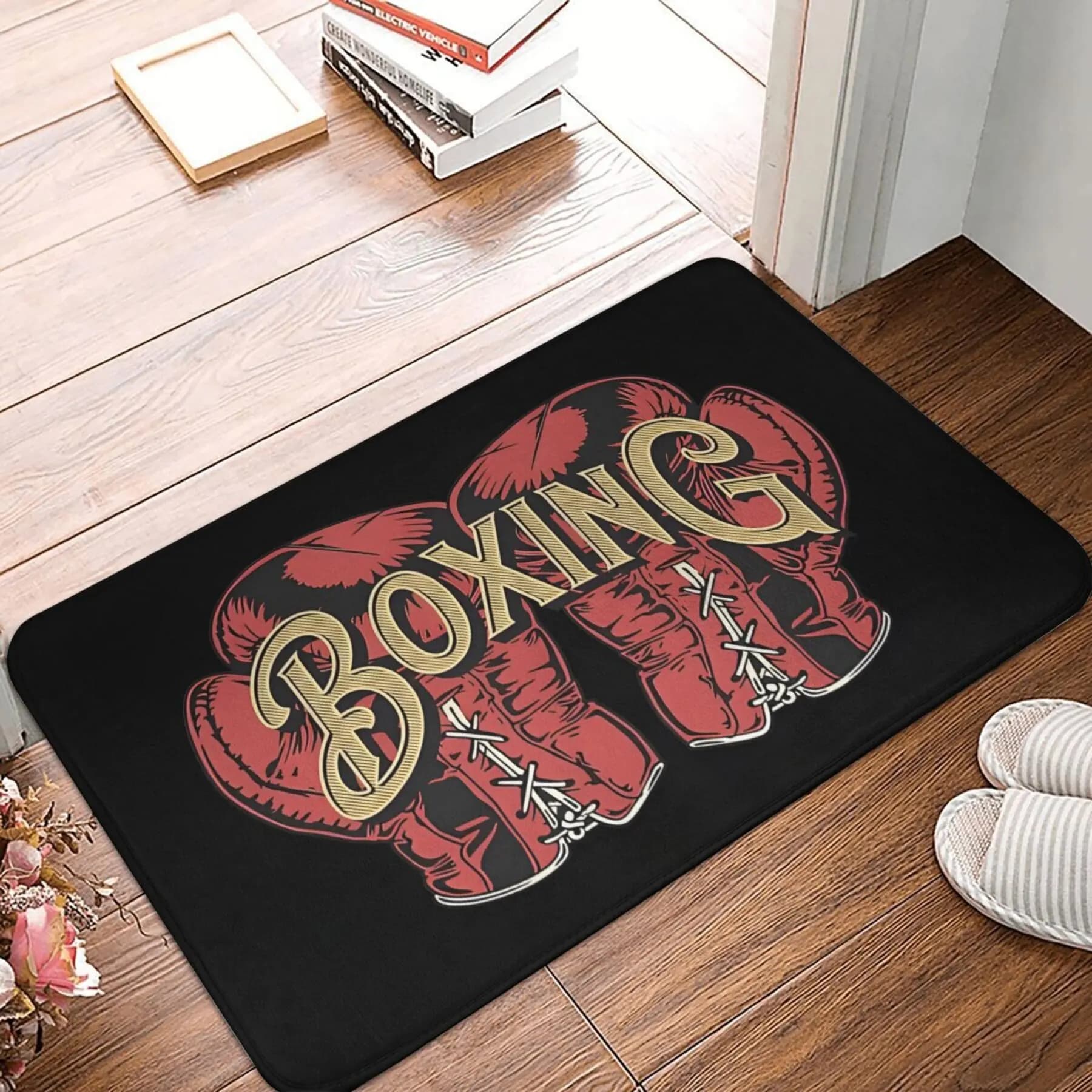 Tappetino Vintage da Boxe - Design Guanti Rossi e Lettere Dorate, Tappeto Antiscivolo per Ingresso Palestra, Tappetino a Tema Sportivo, Diverse Misure