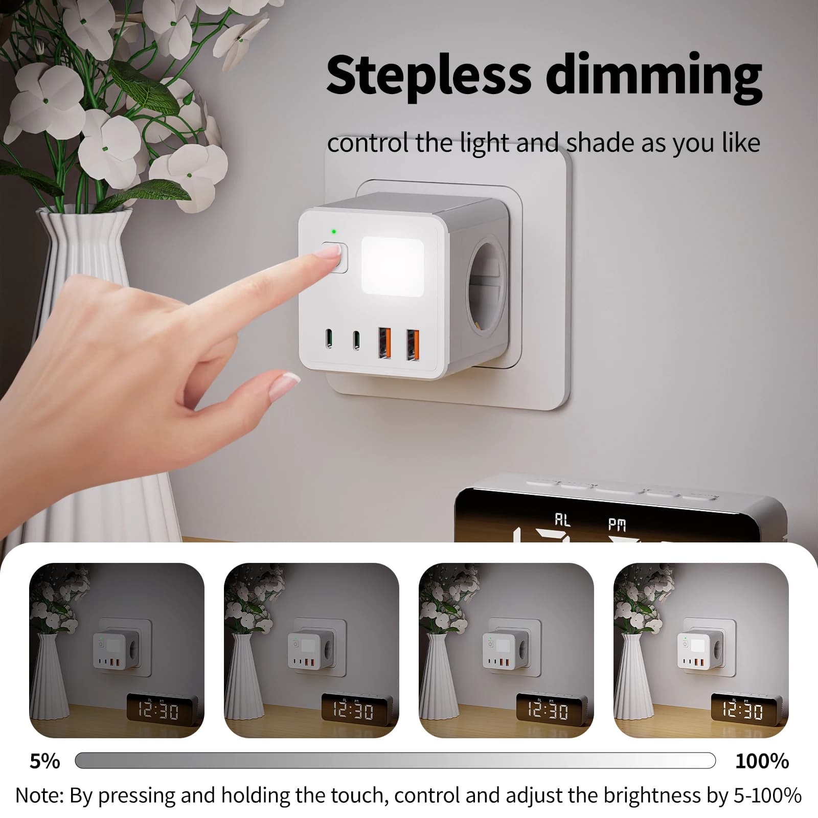 1 ciabatta UE, 3 prese CA, 2 porte USB e 2 porte Type-C e con una piccola luce notturna a 3 colori.