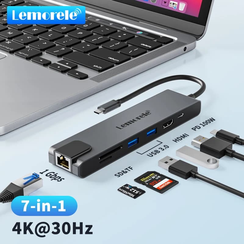 Lemorele TC25 Docking Station USB C 7-in-1 Link 4K 30Hz Display HDMI HUB per Mac, Windows e Android PD100W Gigabit RJ45 SD e TF
