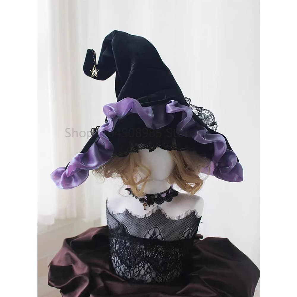 Cappelli a punta da strega in pizzo fatti a mano Fasciatura con fiocco Cappello da mago Accessori per costumi cosplay Lolita gotici per adulti Cappello da festa di Halloween