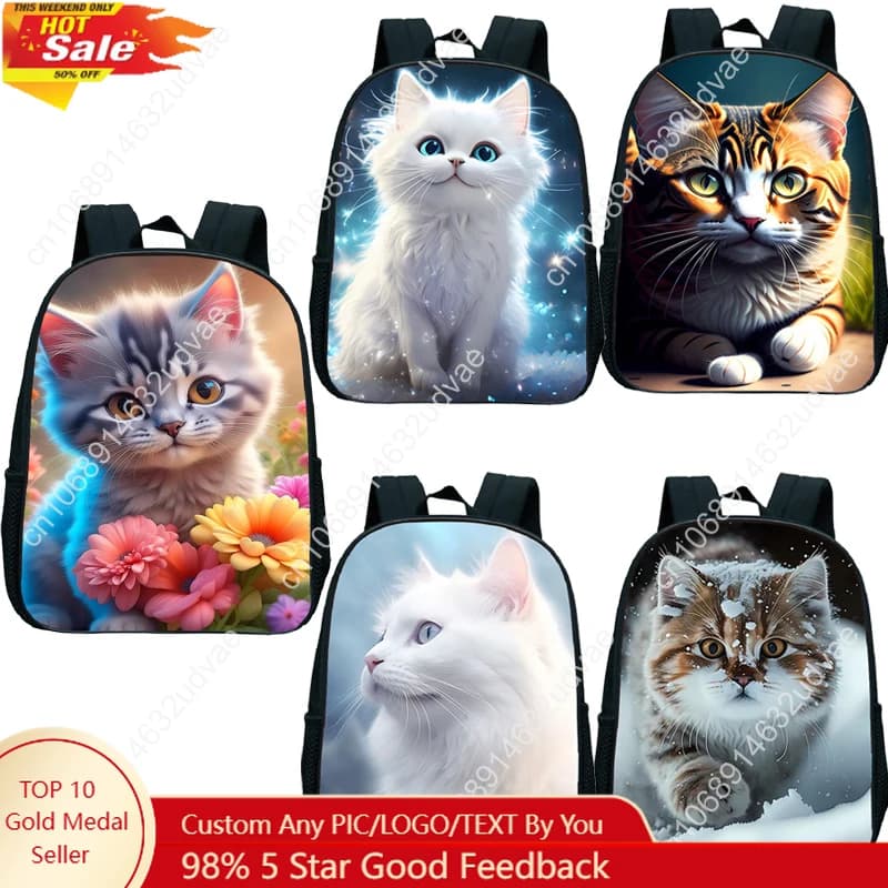 Zaino da 12 pollici con stampa simpatico gatto Borsa da asilo impermeabile Borse da scuola per bambini Ragazzi Ragazze Borse da libro per gatti dei cartoni animati Regalo per il ritorno a scuola