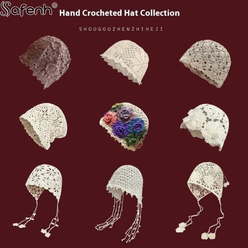 50 tipi di cappello a cuffia moda tessuto a mano cappello a fiocco cavo da donna gancio fiore etnico vento su cinturino per l'orecchio pullover cappello lavorato a maglia