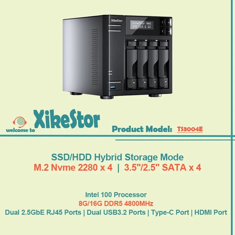 XikeStor SSD/HDD Archiviazione ibrida NAS All-in-1 M.2 Nvme 2280 x 4 | Processore Intel 100 SATA x 4 da 3,5"/2,5" 8G/16G DDR5 4800 MHz