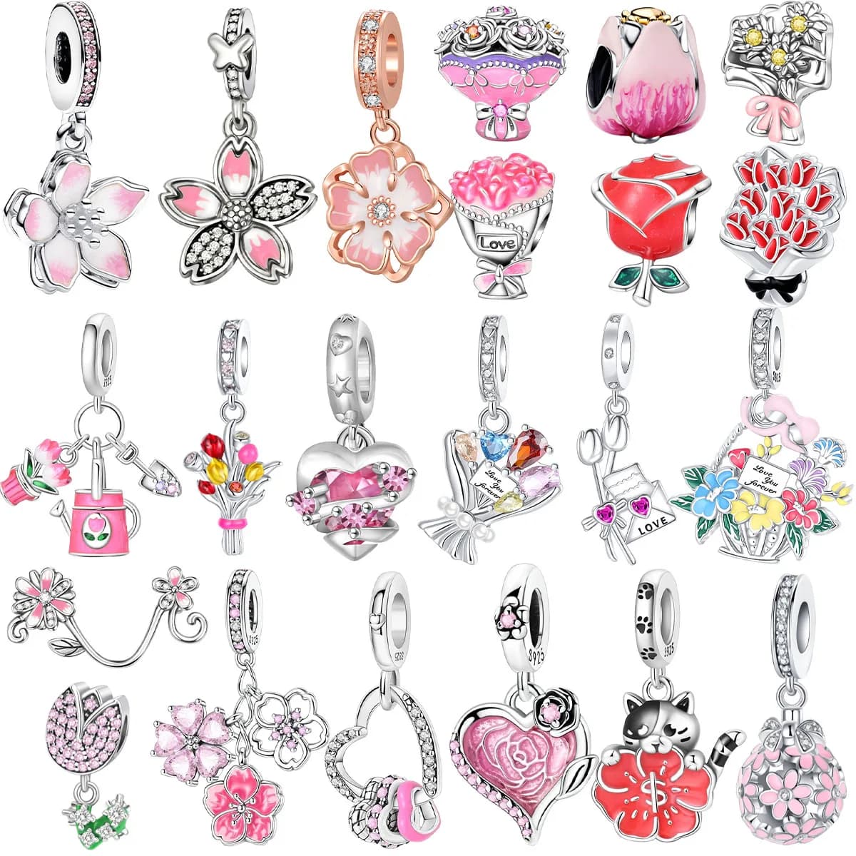 Charm in Argento Sterling 925 Originale, Perline e Ciondoli a Forma di Fiore Rosa, Tulipano, Fiore di Ciliegio, per Bracciali e Collane, Regalo Fai-da-Te