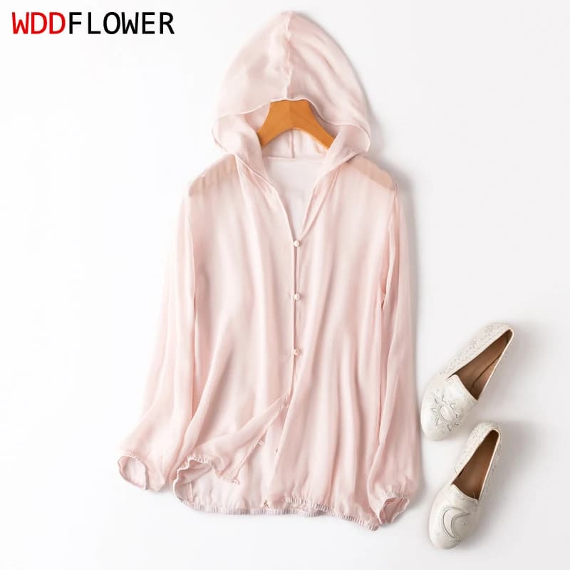 Cardigan da donna 100% seta di gelso con cappuccio tipo sottile bottoni rosa cappotto a maniche lunghe camicetta superiore copricostume estivo da spiaggia M1152