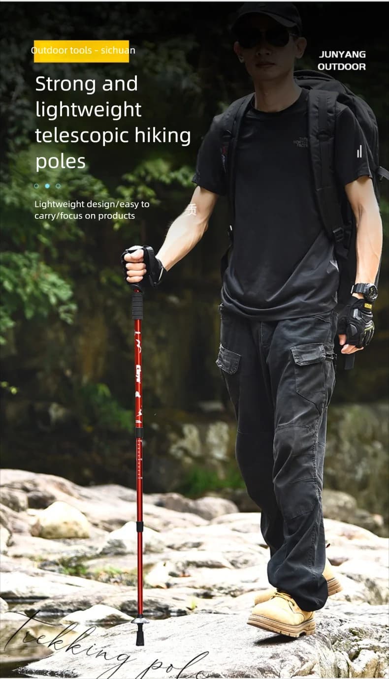 Anti Shock Trekking Poles Aluminum Alloy Hiking Sticks 3-Section Telescopic Straight T-Handle Walking Cane for Nordic Hiking