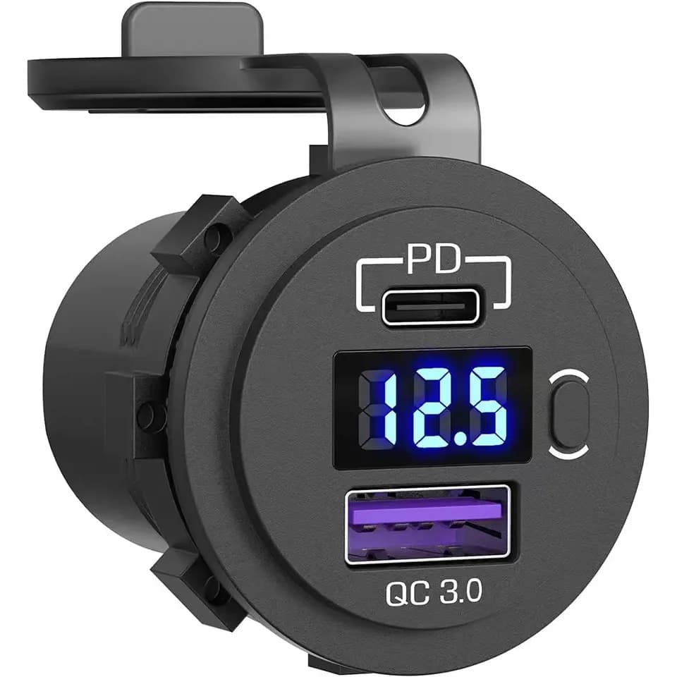 USB C Car Charger socket USB 12V/24V PD3.0 and USB port for QC3.0 car with LED voltmeter and on/off switch