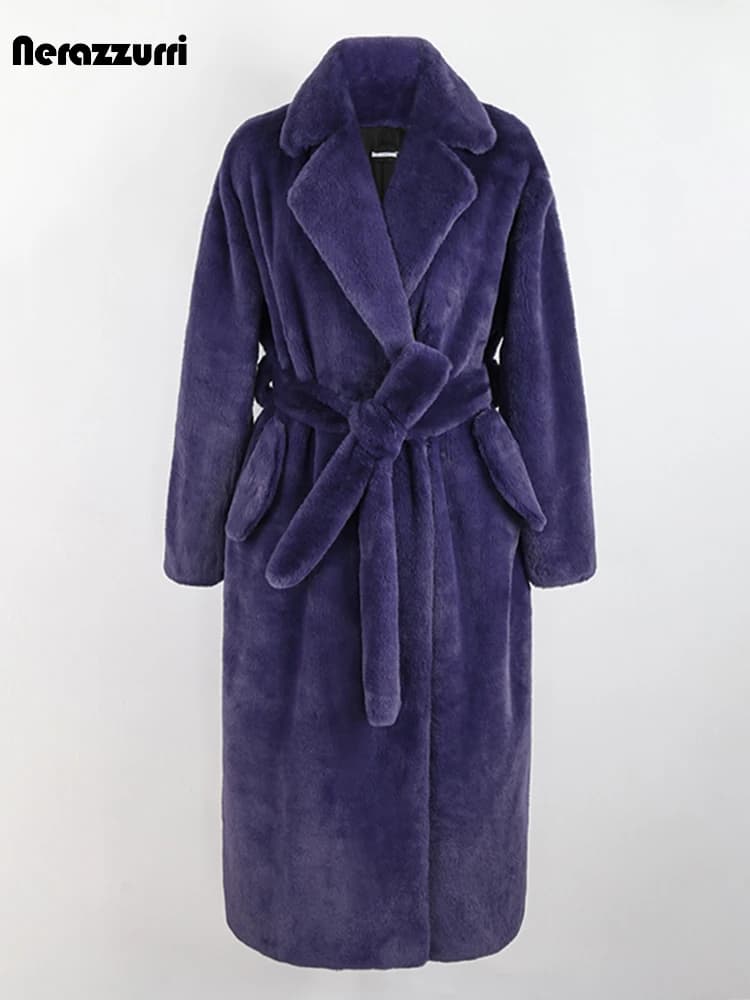 Nerazzurri Winter Long Purple Black Green Fluffy Thick Warm Luxury Faux Fur Coat Women Sashes New Arrival 2022 Furry Overcoat
