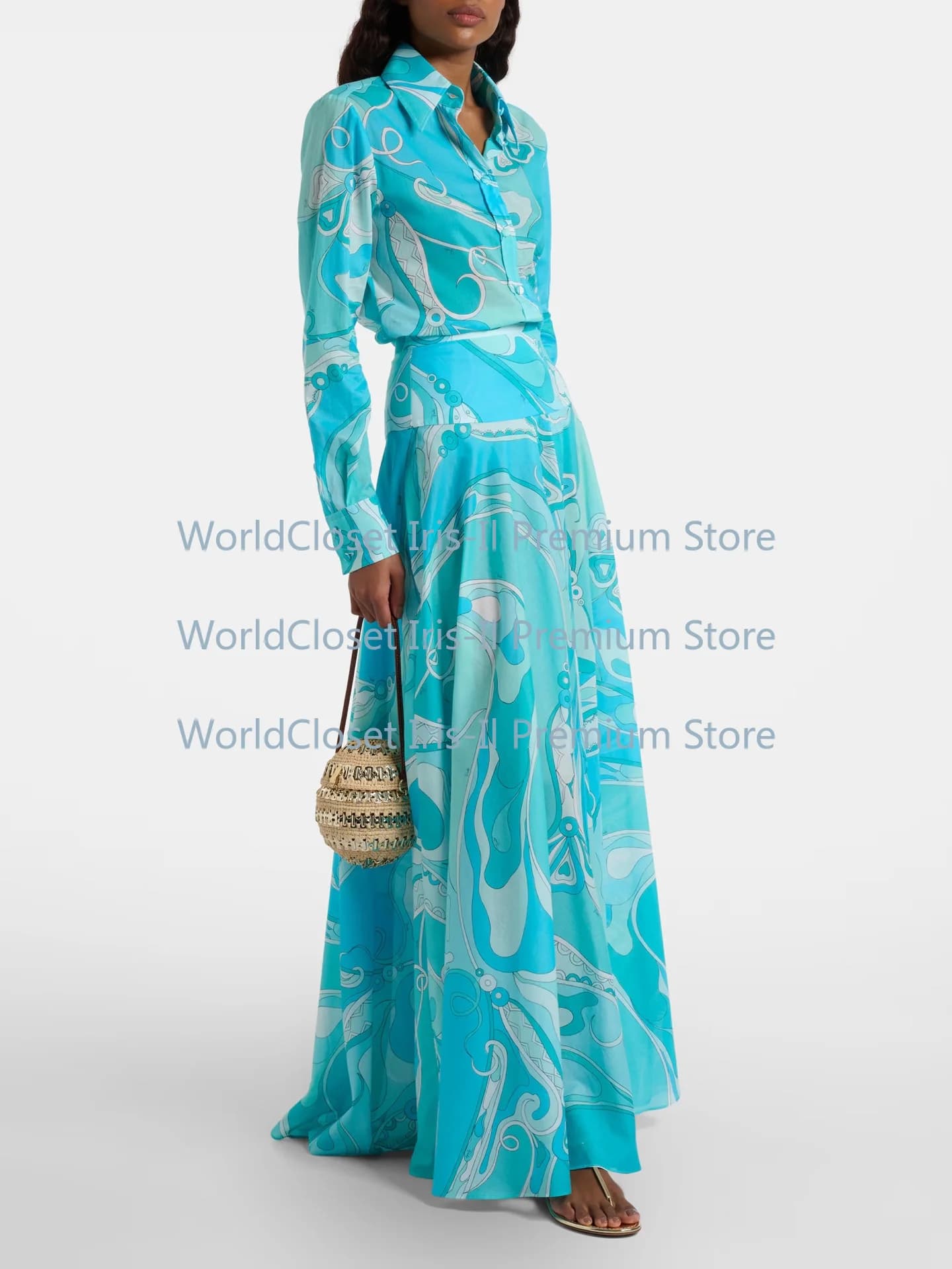 Set di top e gonna a maniche lunghe con stampa vortex psichedelica blu di Resort New